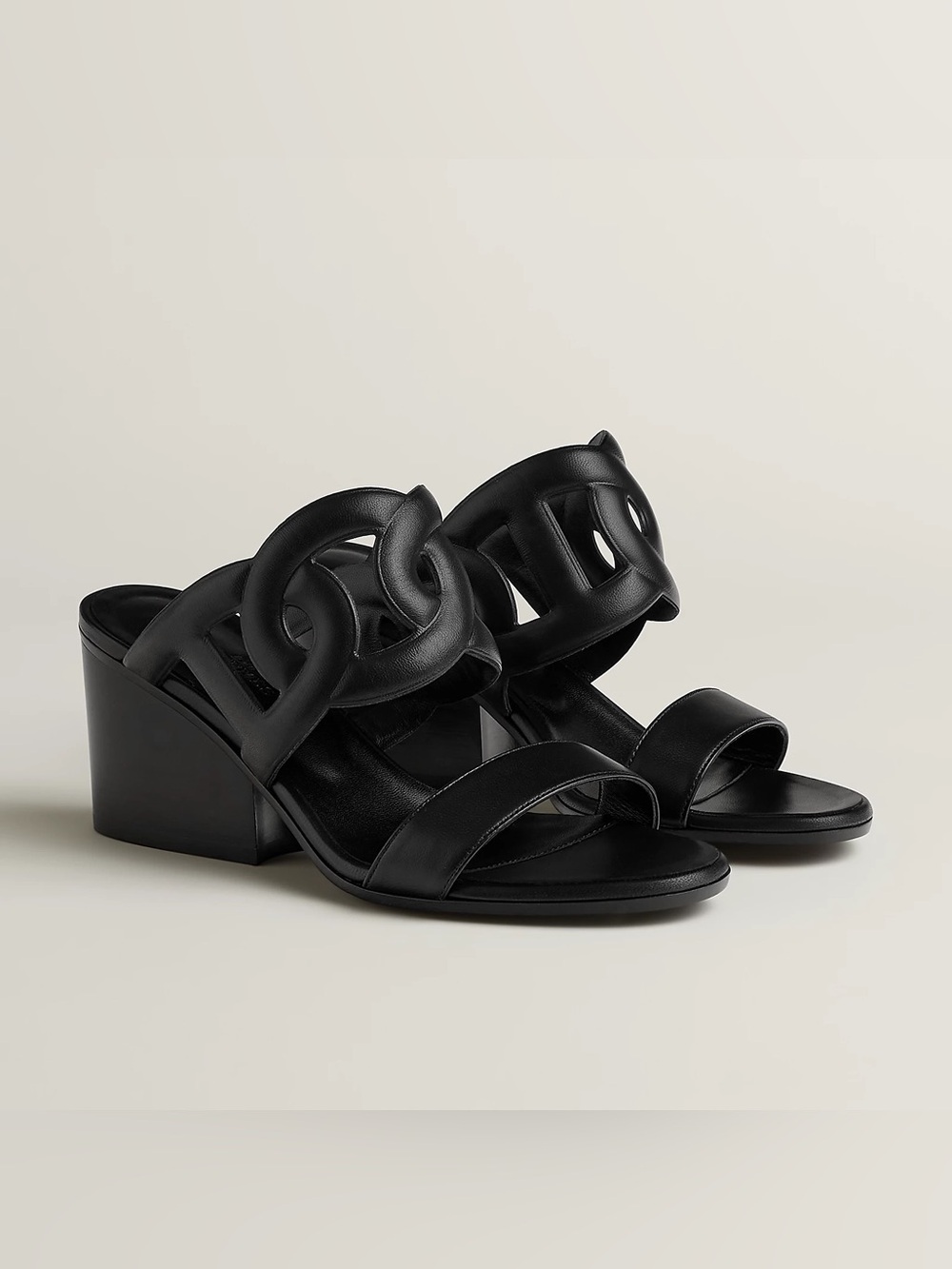 HERMES Lipari 70 Black Leather Open-Toe Block Heel Sandals; Size 8.5